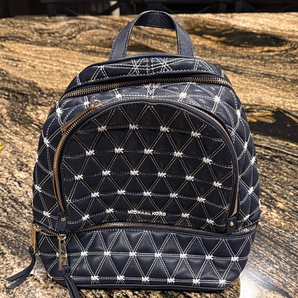 Michael Kors Rhea Zip Medium Leather Backpack in Admiral (navy blue and white)